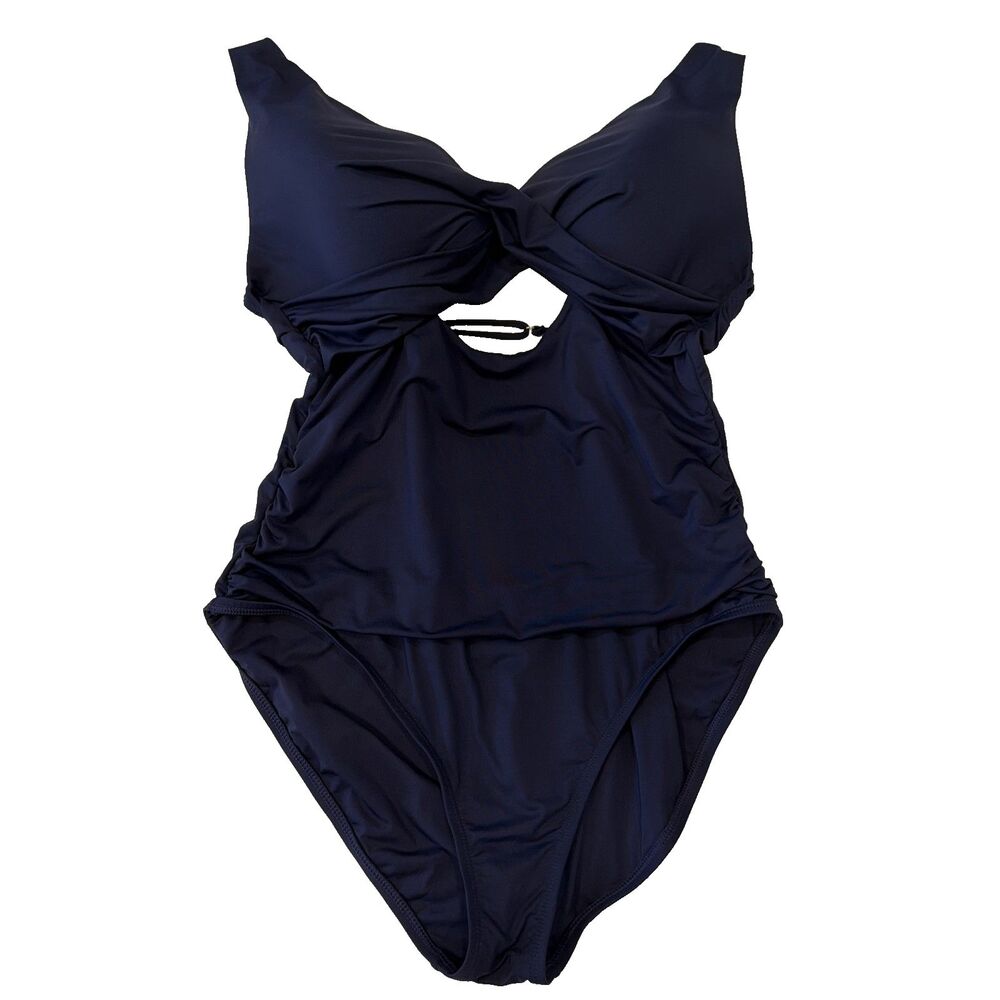 La Blanca Sz 14 Island Goddess Cross Front Keyhole One Piece Swimsuit Blue Navy